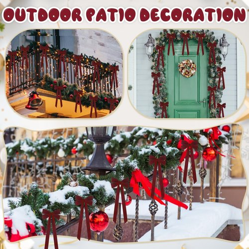 JOICEE Velvet Bows - 15Pcs Christmas Tree Decorations | Rustic Gift Ribbon Bows in Burgundy, 5 x 12 Inch