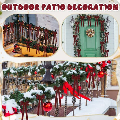 JOICEE Velvet Bows - 15Pcs Christmas Tree Decorations | Rustic Gift Ribbon Bows in Burgundy, 5 x 12 Inch