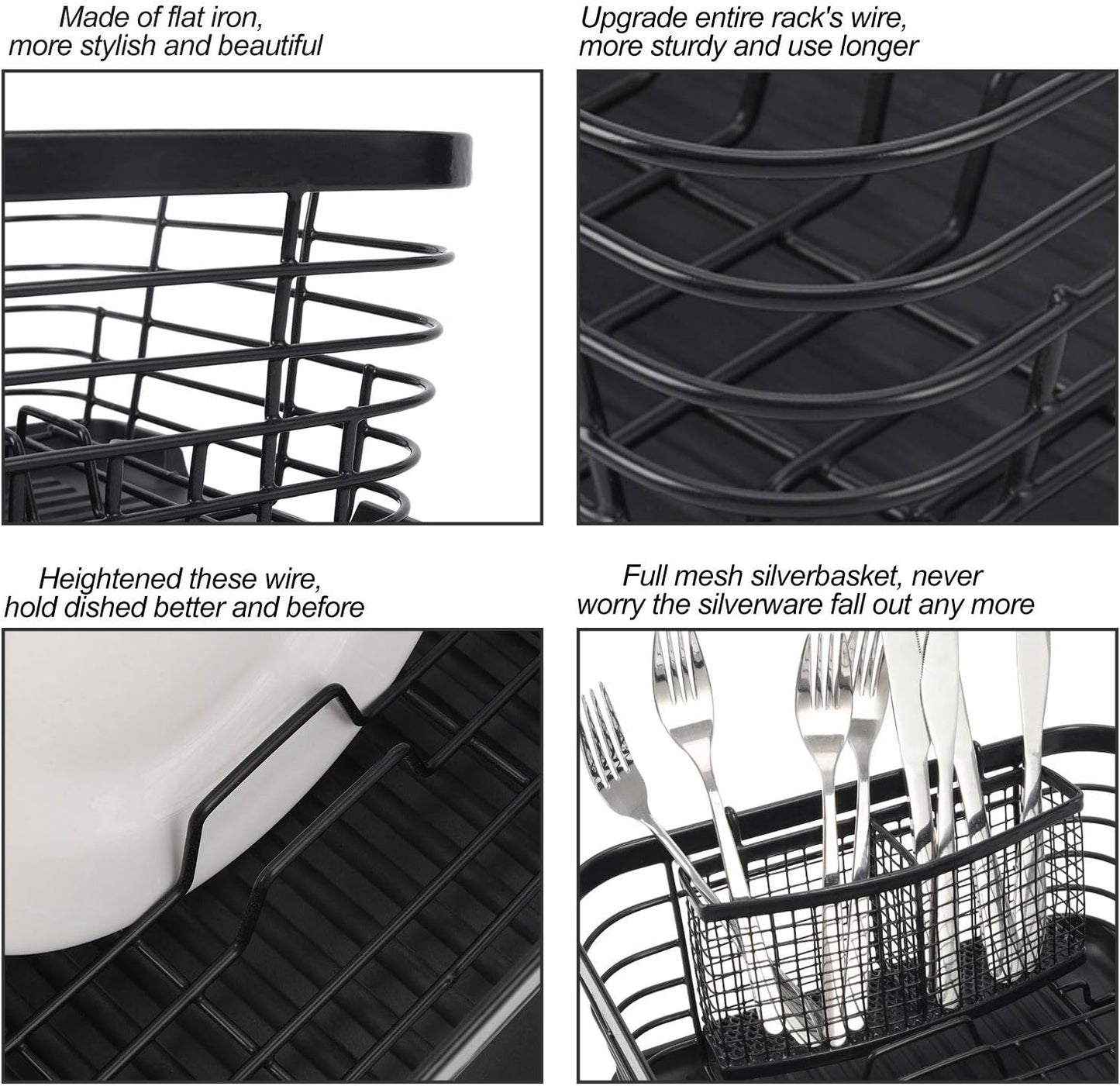 TQVAI Kitchen Dish Drainer Rack - Includes Drying Board & Full-Mesh Utensils Holder | Black Finish