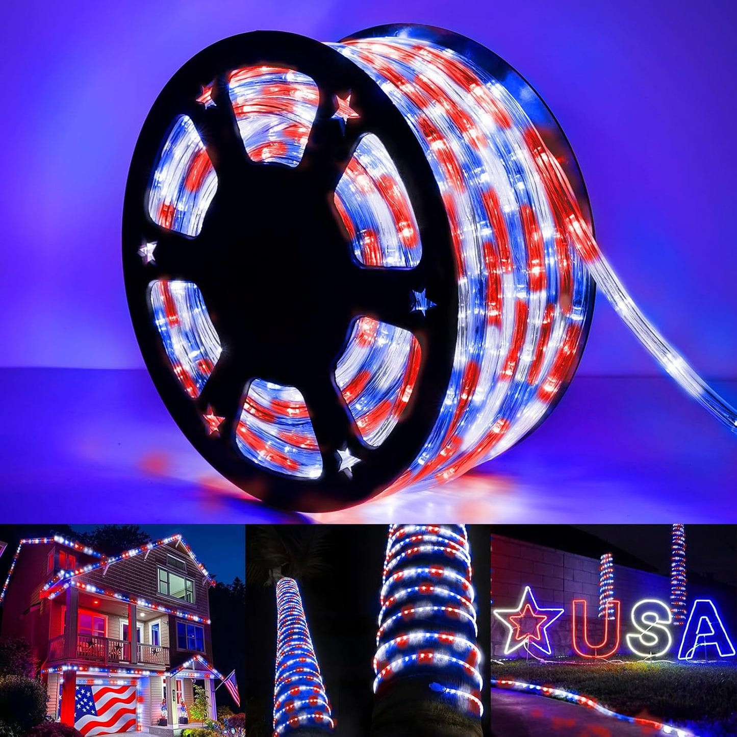 Skiennix 50ft LED Rope Lights - Connectable & Flexible Tube Lighting with 8 Modes | Waterproof Red, White & Blue Decor