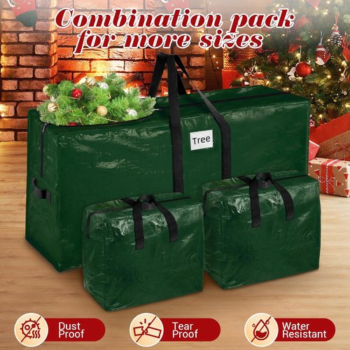 BlessedSeason Christmas Tree Storage Bag - 7.5 Ft Waterproof Design with 2 Large Tinsel Garland Bags, Green