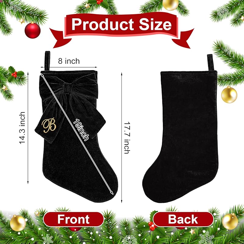 19 Inch Black Velvet Christmas Stocking with Elegant Bow & Monogram L - Personalized Embroidered Holiday Stocking