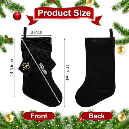 19 Inch Black Velvet Christmas Stocking with Elegant Bow & Monogram L - Personalized Embroidered Holiday Stocking