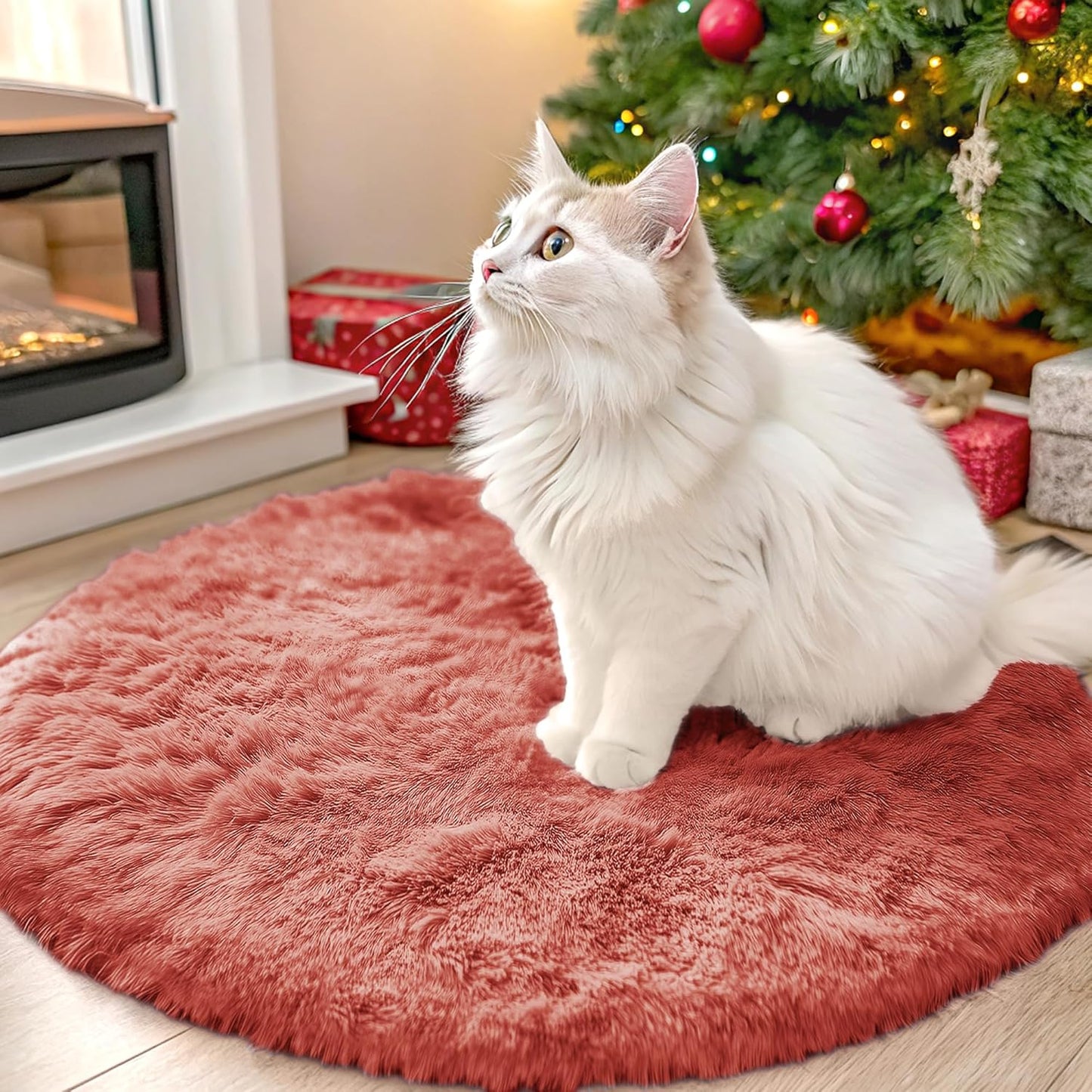 OLANLY Round Rugs - Soft Rust Red Shaggy Carpet, Machine Washable, 2 ft Circle for Bedroom & Living Room