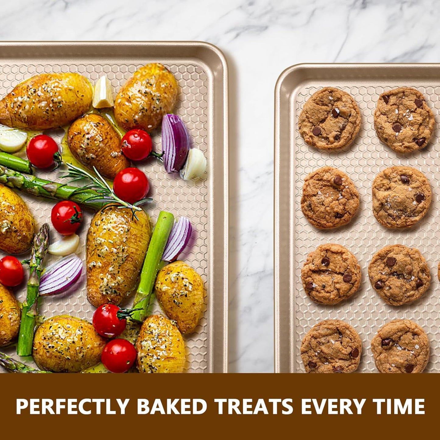 Wildone Baking Sheet Pan Set - Nonstick Honeycomb Embossed Cookie Sheets | 15x10 In, Champagne Gold, 2 Pack