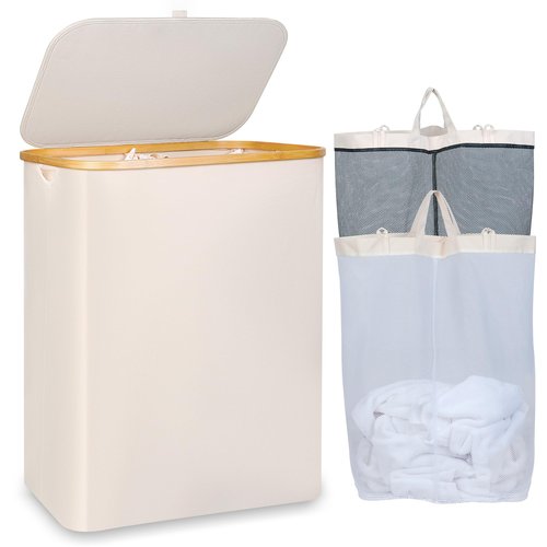 iEGrow 150L Laundry Basket with Lid, Large Laundry Hamper with Bamboo Handle, Collapsible Dirty Clothes Hamper Organizer with 2 Removable Inner Bags for Clothes Toys Towels - Beige