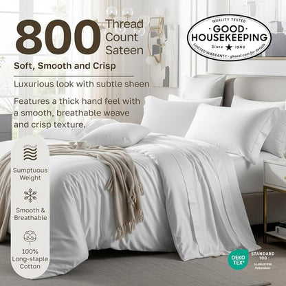 Heirloom 800 Thread Count 100% Cotton Sateen Pillow Cases - Soft & Smooth | 2 King Size, Bright White