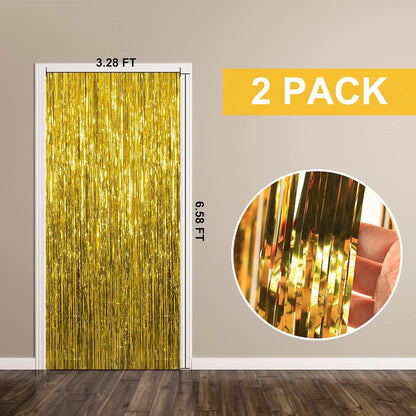 Skiennix Gold Backdrop Foil Curtain - 2 Pack Streamers for Birthday & Party Decorations | Photo Booth Props