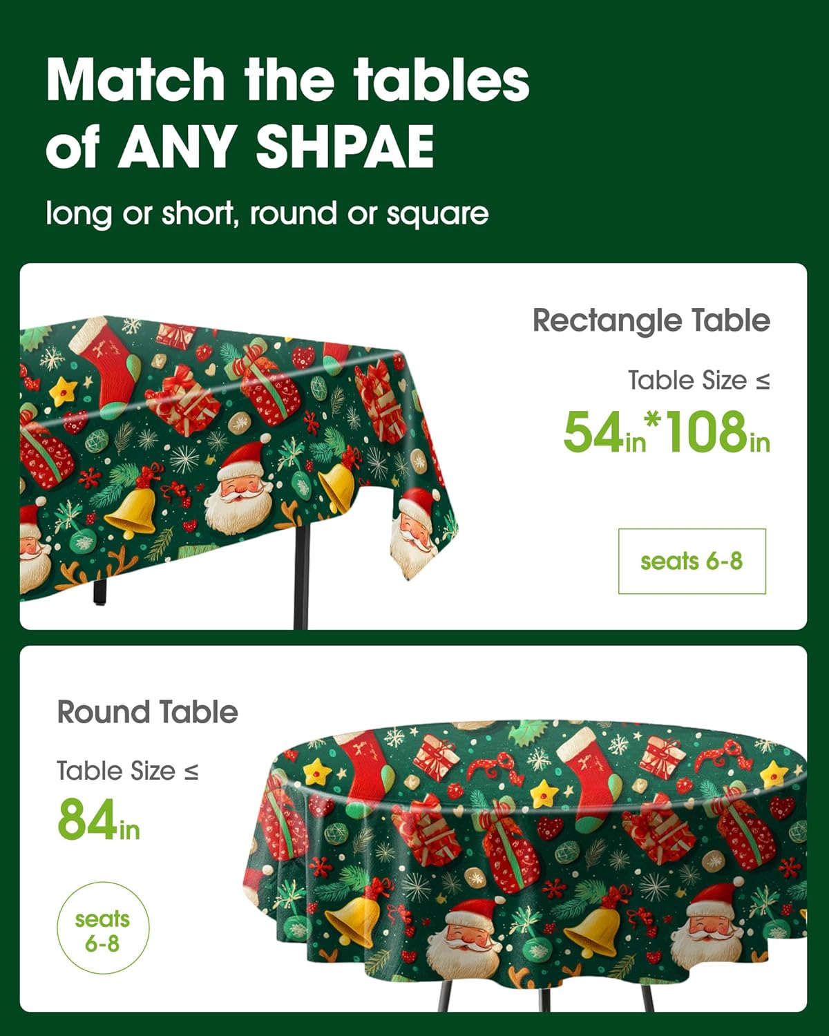 Pureegg Disposable Plastic Tablecloths - 10 Pack, 54 x 108 Inch, Leakproof & Sturdy for Christmas Parties - Christmas Green