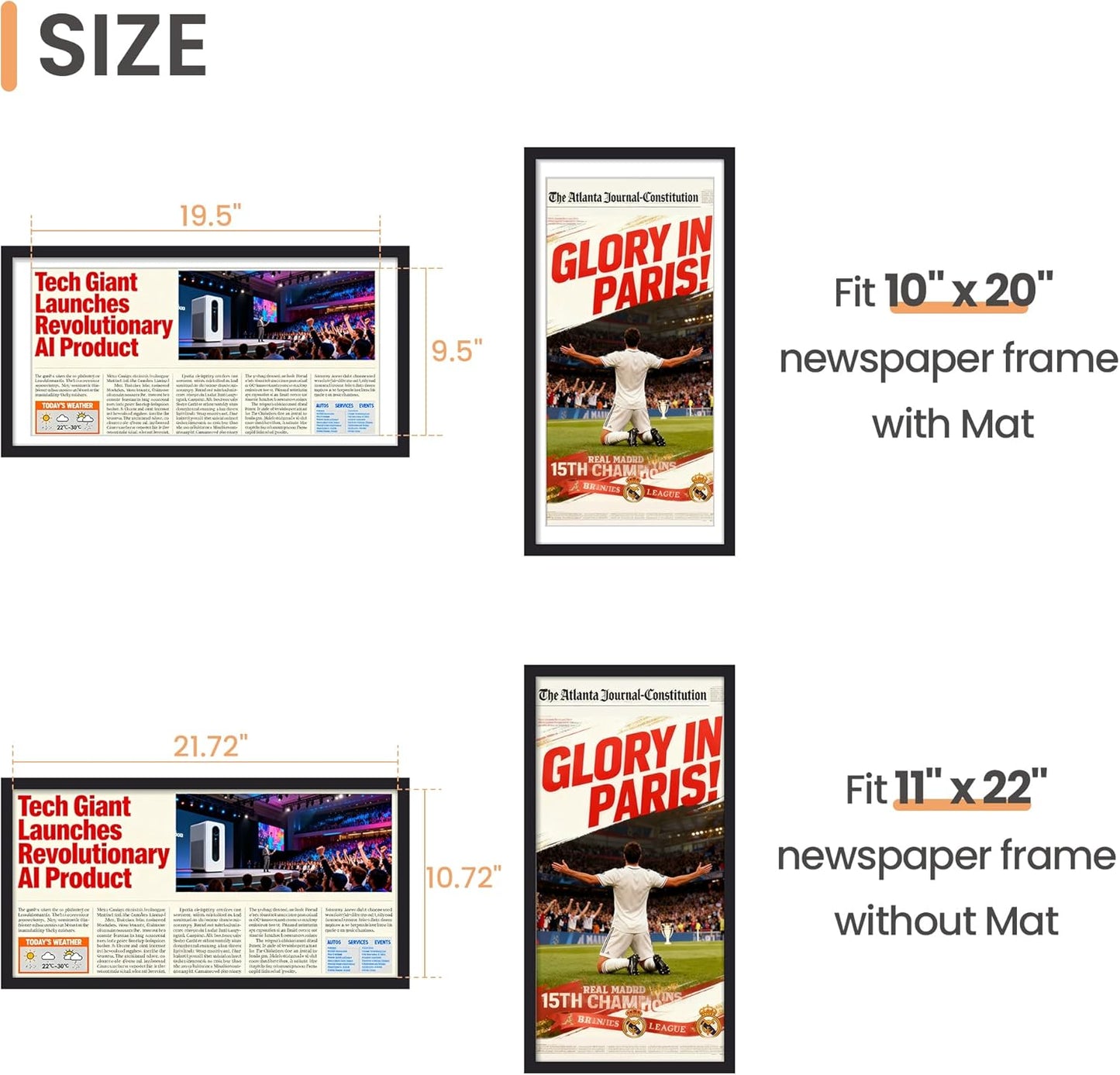 Upsimples 11x22 Newspaper Frame - Display 10x20 Pictures with Mat or 11x22 Without | Black, 1 Pack