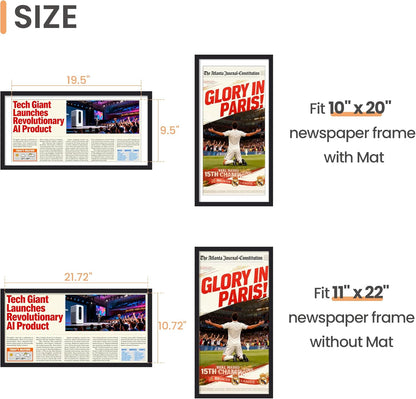 Upsimples 11x22 Newspaper Frame - Display 10x20 Pictures with Mat or 11x22 Without | Black, 1 Pack