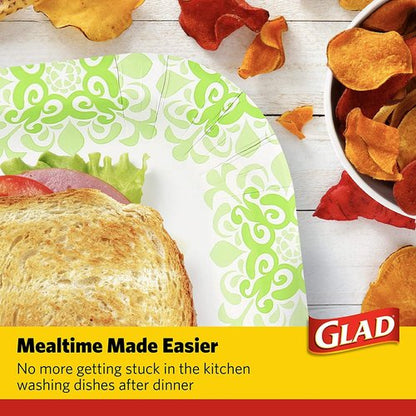 Glad Square Heavy Duty Paper Plates, Soak Proof and Cut Proof Disposable Plates for Parties and Everyday Meals, Microwaveable for Easy Serving, Green Victorian Pattern, 10 Inch, 50 Count - 6 Pack