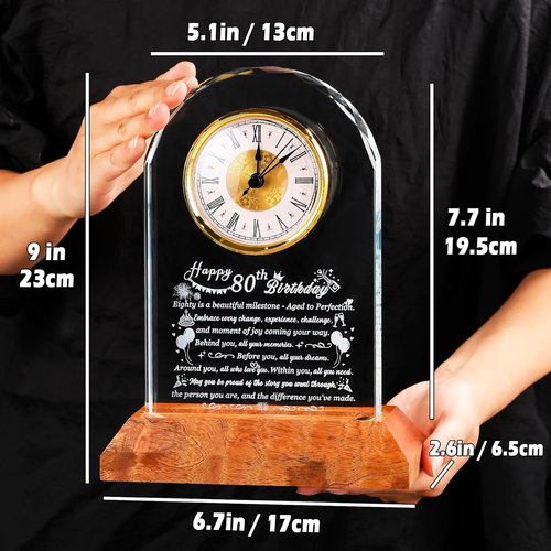 Arikyrist 80th Birthday Glass Clock - Unique Quartz Gift with Wooden Base for Men & Women