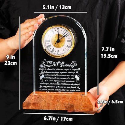 Arikyrist 80th Birthday Glass Clock - Unique Quartz Gift with Wooden Base for Men & Women