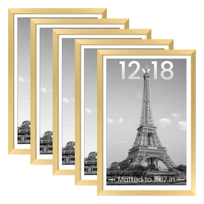 upsimples 12x18 Picture Frame Set of 5, Display Pictures 11x17 with Mat or 12 x 18 Without, Wall Gallery Poster Frames, Gold