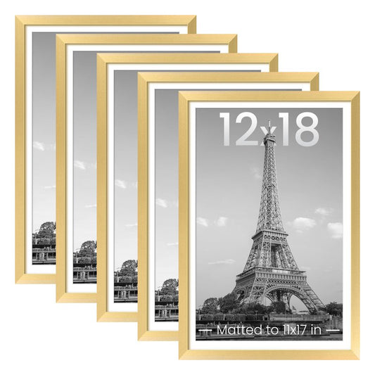 upsimples 12x18 Picture Frame Set of 5, Display Pictures 11x17 with Mat or 12 x 18 Without, Wall Gallery Poster Frames, Gold