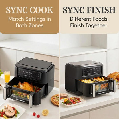 Elite Gourmet 11QT Dual Zone Air Fryer Oven - Sync Cook & Finish, PFAS Free Nonstick, 10 Presets, Black