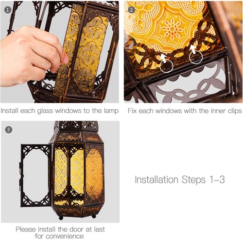 Lewondr Moroccan Style Metal Glass Candle Lantern - Portable Hanging Wind Lantern for Home & Garden - Copper & Yellow
