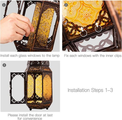 Lewondr Moroccan Style Metal Glass Candle Lantern - Portable Hanging Wind Lantern for Home & Garden - Copper & Yellow