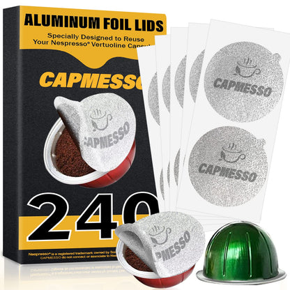 CAPMESSO Aluminum Foil Lids for Reusable Vertuoline Pods, Coffee Pods Sticker Covers Seals Compatible with N*espresso Reusable Pods Vertuoline Refillable Vertuoline Capsule (240 pcs)