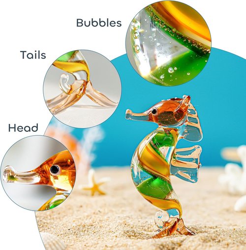 HDCRYSTALGIFTS Seahorse Art Glass Figurine - Handmade 3'' Miniature Ocean Decor Collectible