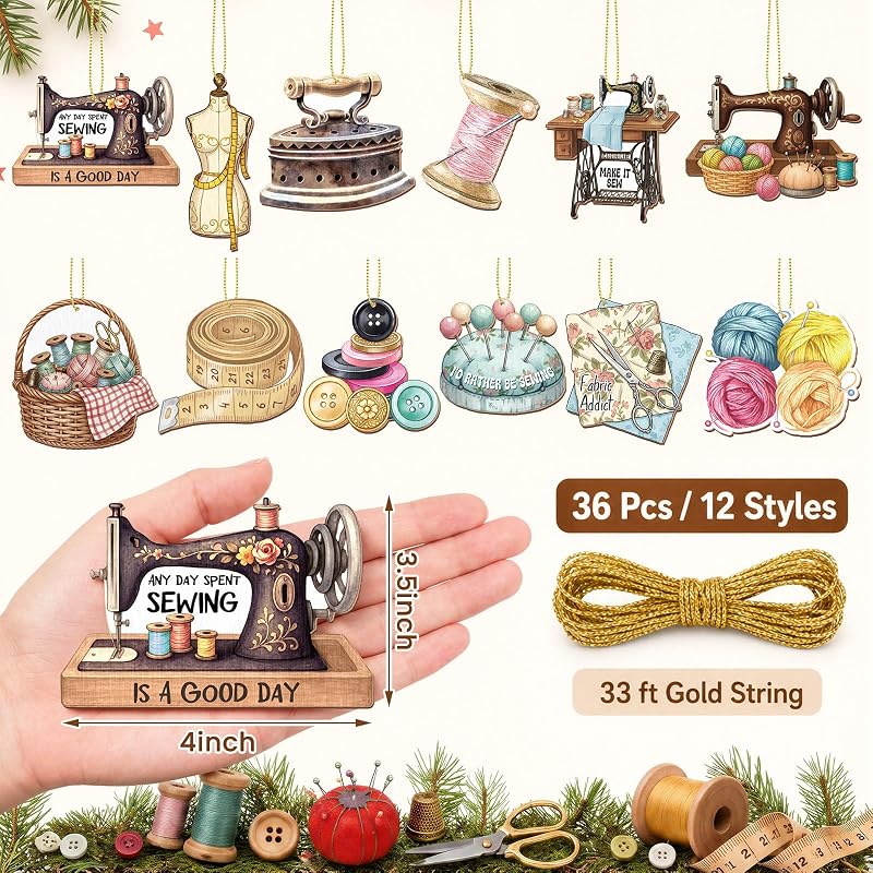 Sewing Theme Christmas Ornaments – 36 Pcs, 12 Styles, Wooden Decor (Variation: Sewing)