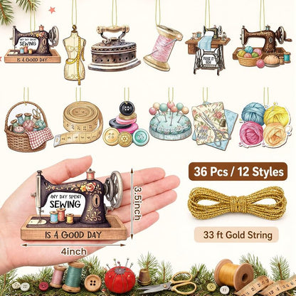 Sewing Theme Christmas Ornaments – 36 Pcs, 12 Styles, Wooden Decor (Variation: Sewing)