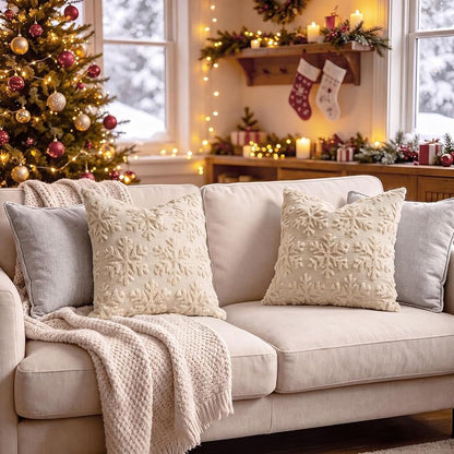 Beige Snowflake Christmas Pillow Covers 18x18 (2 Pack) - Visiontex