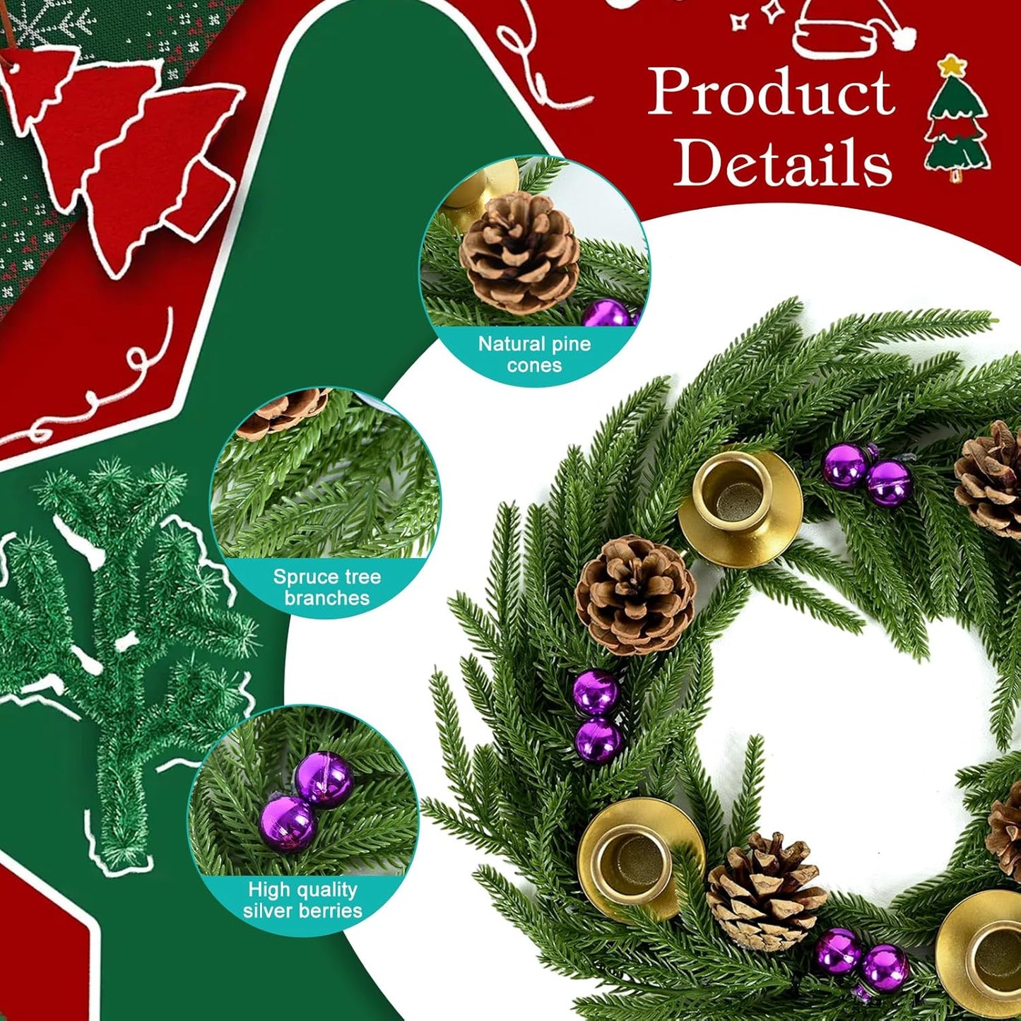Norfolk Pine Advent Wreath - Purple Berries & Pinecones | Elegant Holiday Centerpiece Decor