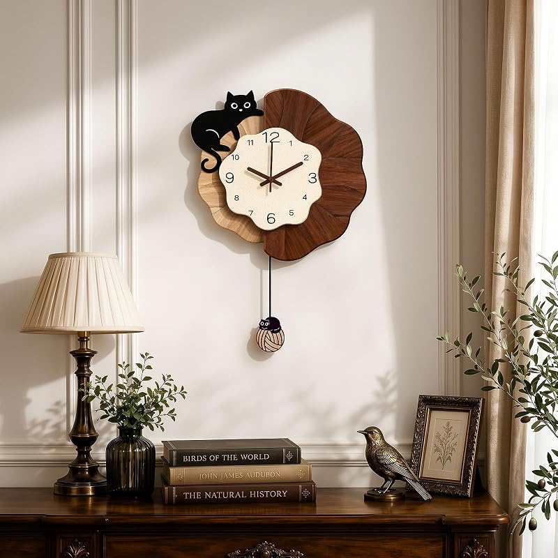 Vintage Farmhouse Cat Wall Clock with Pendulum 16x24in - Large Wall Clock for Bedroom, Silent Movement - Cat+Large