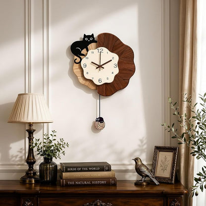 Vintage Farmhouse Cat Wall Clock with Pendulum 16x24in - Large Wall Clock for Bedroom, Silent Movement - Cat+Large
