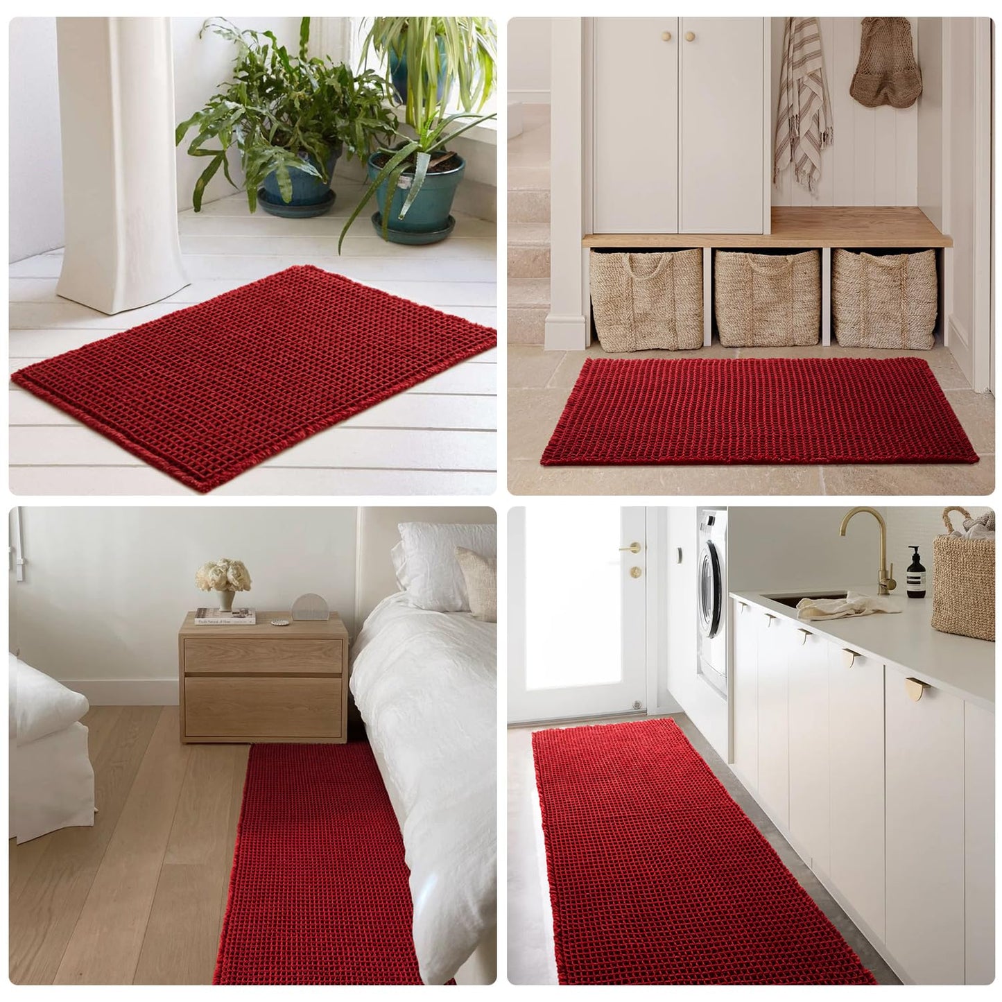 TYUU Waffle Bath Mat, Boho Bathroom Rugs Non Slip Washable Super Absorbent Quick Dry Bath Mat Farmhouse Bathroom Decor, 48"x24" Burgundy