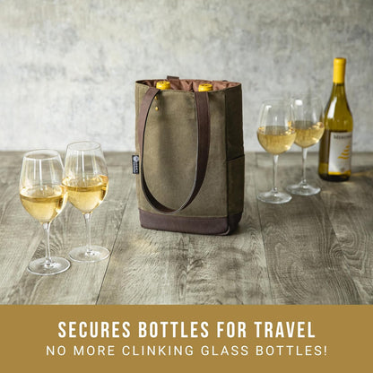 PICNIC TIME 2 and 3 Bottle Insulated Wine Bag, Distressed Waxed Canvas Wine Tote, Durable Bottle Carrier Bag for Gifts and Travel with Side Pockets & Removable Divider (Khaki Green with Brown Accents)