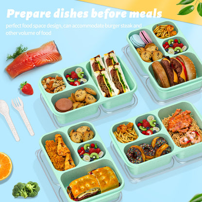 Bento Box for Adults and Snack Containers Set of 4 - Stackable, with 4 Compartments, Microwave & Dishwasher Safe, BPA Free - Reusable Meal Prep Containers for Kids and Adults (Green)