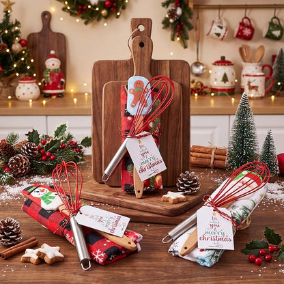 6 Set Christmas Kitchen Tools Gift Set with Buffalo Plaid - Whisks, Spatulas, Towels & Cards (Variation: 6+Buffalo Plaid)
