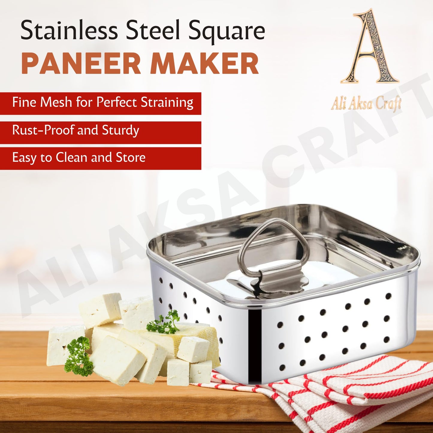 Stainless Steel Square Shape Paneer/Tofu/Cheese Maker Mould Machine Hard Presse Mold KIt For Paneer/Cheese Making (450ml)