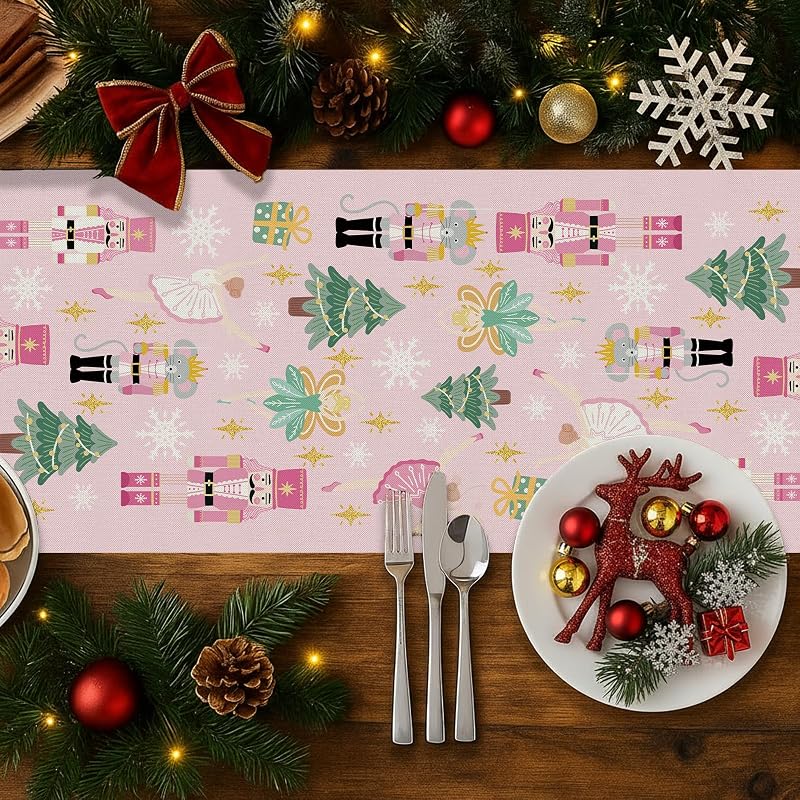 Pastel Pink Christmas Table Runner 13 x 108 Inches - Nutcracker Themed Festive Linen (Variation: 13'' x 108'')