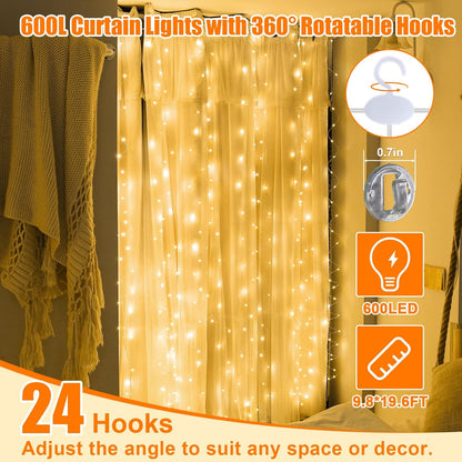 Skiennix 600LED Curtain Lights - 19.6ft x 9.8ft Fairy String Lights with 24 Hooks | 8 Modes for Wedding, Party, Xmas Decor
