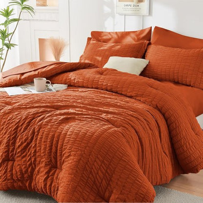 HYMOKEGE Comforter Set - Luxury 7-Piece All-Season Bedding in Burnt Orange | Full Size Seersucker Design