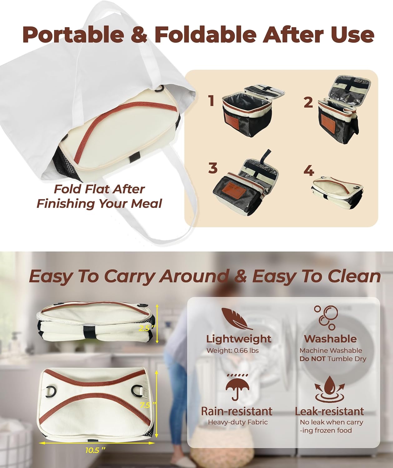 SUNNY BIRD Insulated Lunch Bag - Foldable & Leakproof Design with Shoulder Strap | White 002