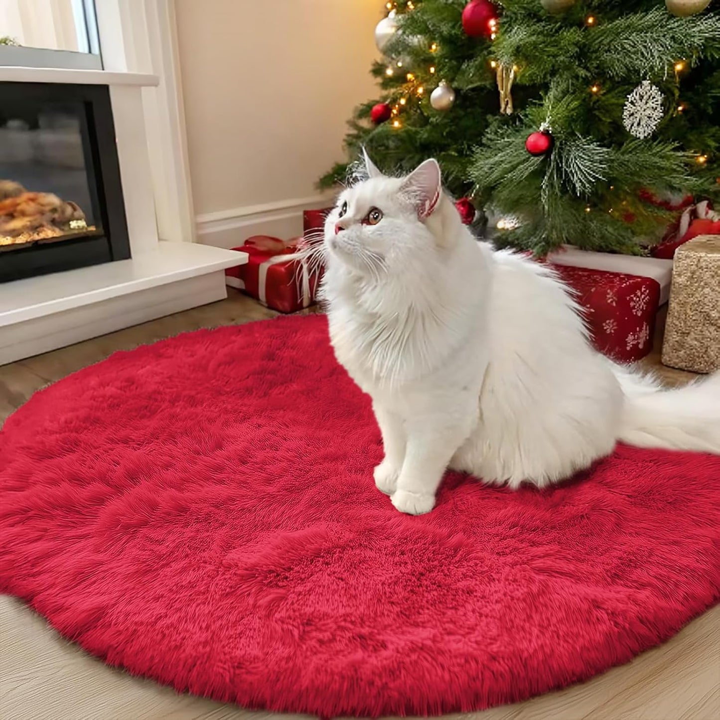 OLANLY Red Round Area Rug - Soft, Fluffy, Machine Washable 3 ft Circle Carpet for Bedroom & Living Room