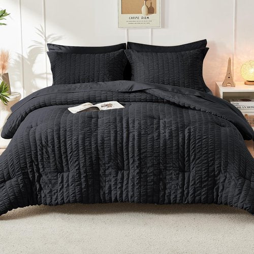 HYMOKEGE Black Oversized King Comforter Set Seersucker 7 Pieces, All Season Luxury Bed in a Bag for Bedroom, Bedding Set with Comforter, Sheets, Pillowcases & Shams