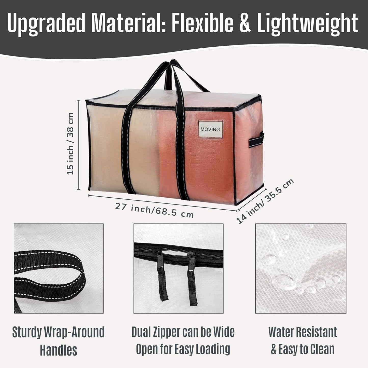 VENO Clear Moving Bags - 90L Extra Large Transparent Storage Totes | Heavy Duty, Reinforced Handles & Zippers