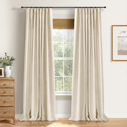 100% Blackout Shield Full Blackout Curtains for Bedroom 84 inch Length 2 Panels Set, Clip Rings/Rod Pocket Faux Linen Black Out Curtains for Living Room, Thermal Insulated, 50Wx84L, Butter Cream