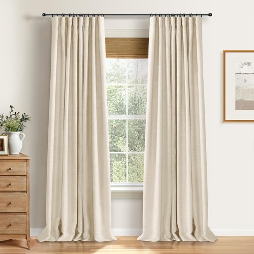 100% Blackout Shield Full Blackout Curtains for Bedroom 84 inch Length 2 Panels Set, Clip Rings/Rod Pocket Faux Linen Black Out Curtains for Living Room, Thermal Insulated, 50Wx84L, Butter Cream