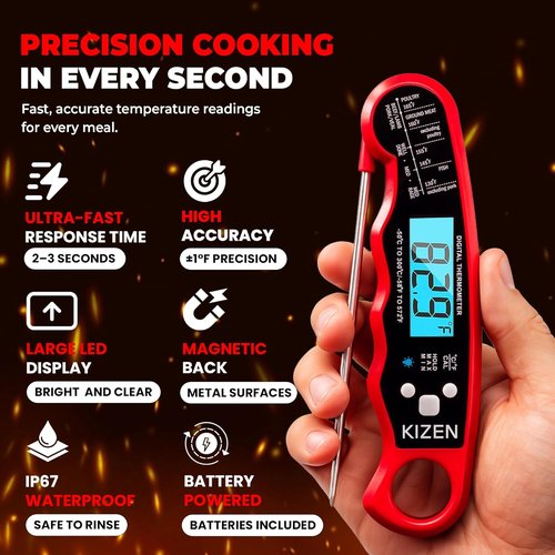 KIZEN Instant Read Meat Thermometer - Digital Cooking Thermometer with Large Backlit Display | Waterproof IP67