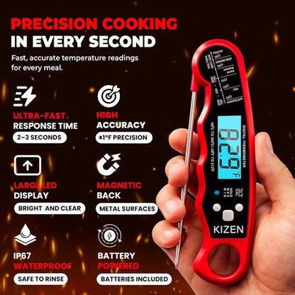 KIZEN Instant Read Meat Thermometer - Digital Cooking Thermometer with Large Backlit Display | Waterproof IP67