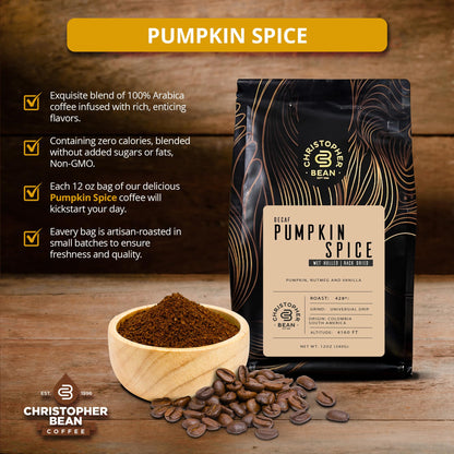 Christopher Bean Coffee Pumpkin Spice Coffee, Decaf | Flavored Coffee Ground | Non-GMO Halloween Coffee | Arabica Coffee Beans, Makes 30 Cups | Fall Coffee | Non-Dairy & Sugar-Free, 12oz