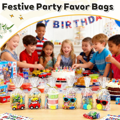 PigPotParty Cellophane Treat Bags 6x9 Inch, 50 Pack Clear Goodie Bags with Bottom Gusset for Stand-Up Display, Small Plastic Gift Wrap for Cookies, Candy, Party Favors, Popcorn, Includes 50 Gold Ties