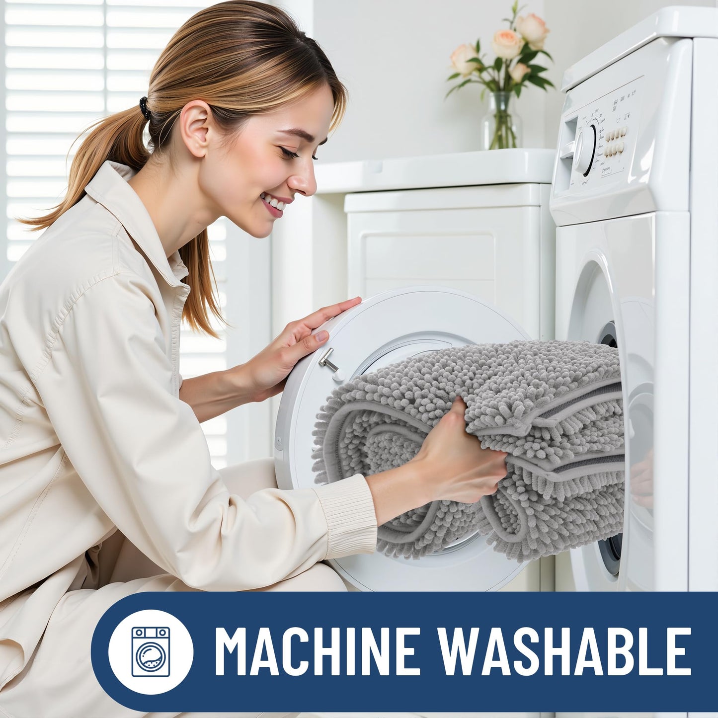 Smiry Bathroom Rugs Sets 2 Piece, Soft Absorbent Chenille Machine Washable Non Slip Shaggy Bath Rug Set for Tub, Shower, and Floor (30x20+24x16, Light Grey)